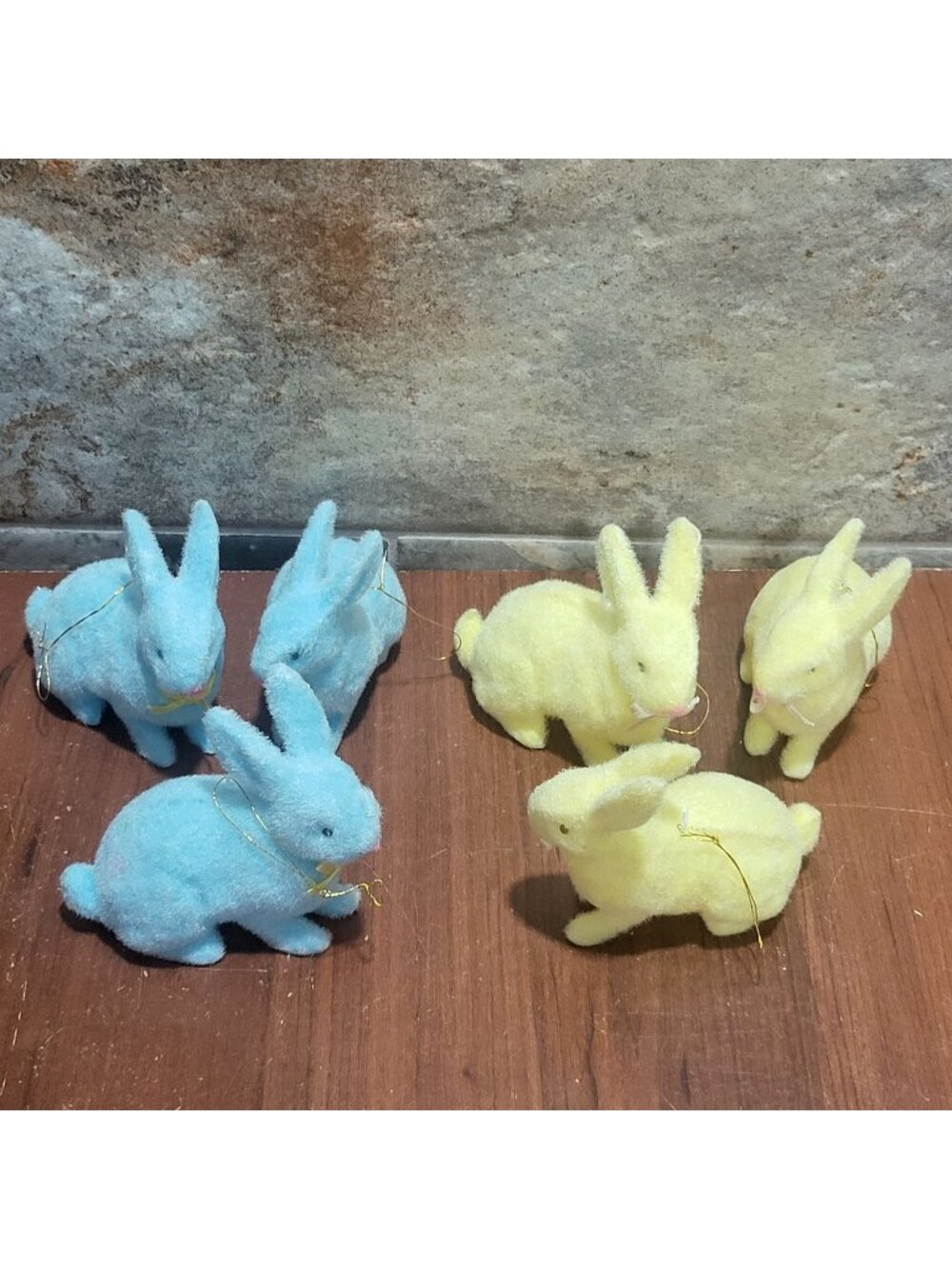 Vintage Flocked Bunny Easter Ornaments Lot of 6 Blue Yellow Fuzzy Rabbit Figures